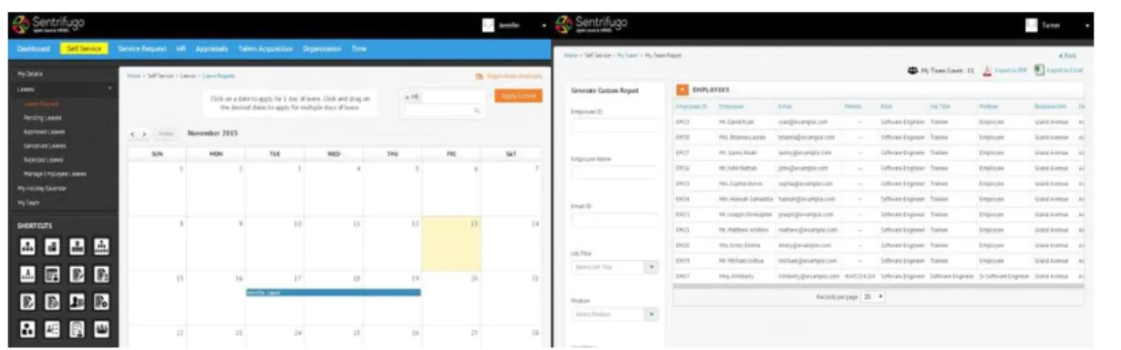 Figure 9: Menu for creating reports for employees by managers on the system's work screen - Sentrifugo 