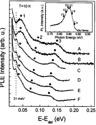FIG. 3. PLE spectra plotted against the difference between the incidentphoton energy and the detection energy for the 1.5 µm structure