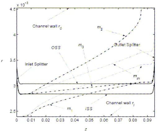 Fig. (9). Particle trajectories and inlet splitting streamline (WaterMarkISS) and outlet splitting streamline (OSS) in the 