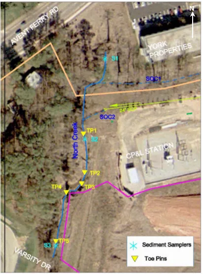 Figure 1.2: North Creek Reach 1 and Research Locations (Reference: Aerial Photo, Wake County, NC GIS Department; Digitized Layers, NCSU Facilities; Illustrated by Ian Jewell, NCSU Water Quality Group)