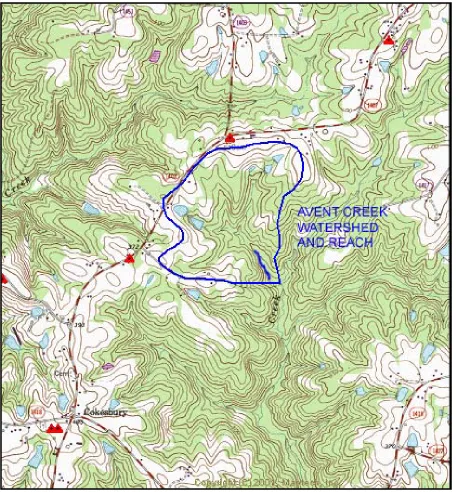 Figure 1.5: The Avent Creek Reach, Watershed, and Location Map.   Approximate Scale: 1 in = 0.2 mi