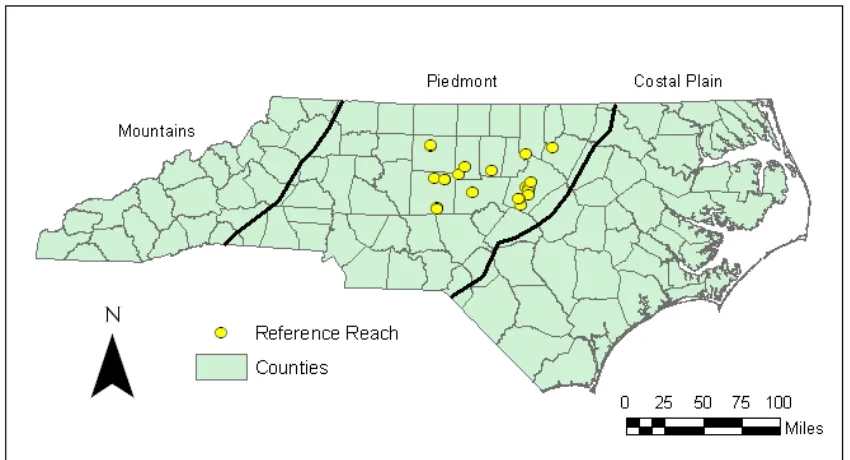 Figure 1. North Carolina map showing Physiographic Provinces and Reference Reach Sites 