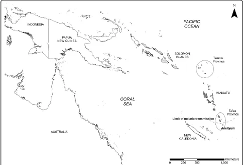 Figure 1 Map showing survey sites in Vanuatu (Tafea Province) and Solomon Islands (Temotu Province) in relationship to the othercountries of the Southwest Pacific region.