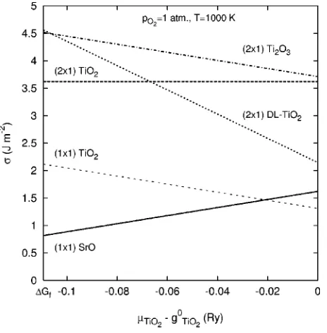 FIG. 4. Surface energies as a function of �andTiO2 at T=1000 K p0.