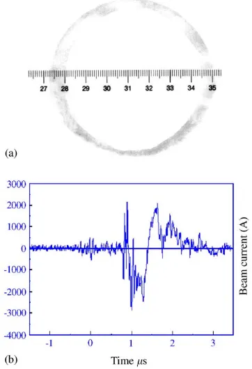 Fig. 7. (a) Photograph of the electron beam trace; and (b) theelectron beam current measured using a Rogowski coil.