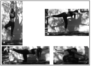 Fig. 1. Pilates exercises aimed to work on proprioception. A) and B) consist on exercises to  improve balance on one leg, to enhance one leg stability (OLS)