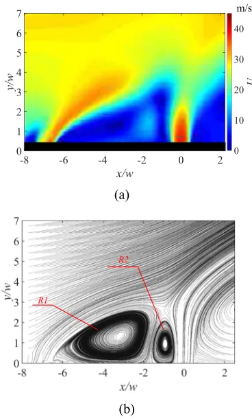 FIG. 8. Mean ﬂow ﬁeld of N1. (a) Velocity contour; (b) Streamline.