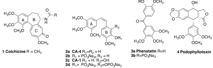 Figure 1.Figure 1.  Colchicine (Colchicine (11), Combretastatins (), Combretastatins (2a2a––2d2d), phenstatins (), phenstatins (3a, 3b3a, 3b) and podophyllotoxin () and podophyllotoxin (4)