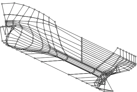 Figure 4.1     The control polygon of a hull represented by several NURBS  surfaces.  Each vertex is manipulated using the mouse to modify surface shape