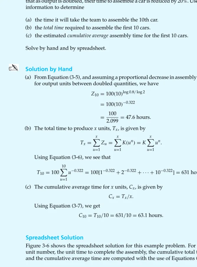 Figure 3-6 shows the spreadsheet solution for this example problem. For each unit number, the unit time to complete the assembly, the cumulative total time, and the cumulative average time are computed with the use of Equations (3-5),