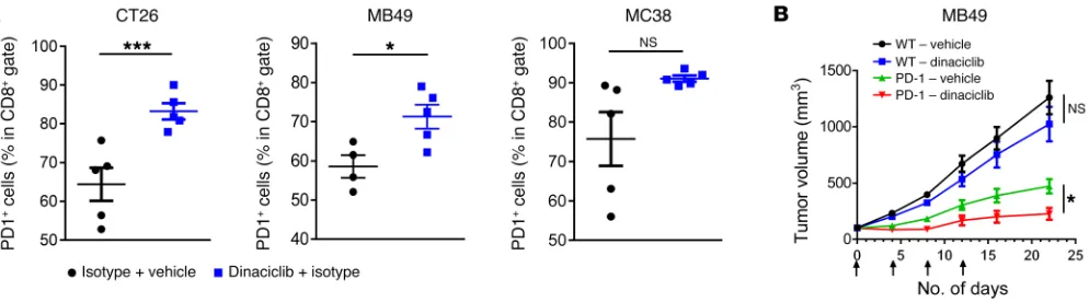 Figure 6. Dinaciclib induces PD1 expression and is efficacious in PD1-KO mice. ((post-test (volume ± SEM
