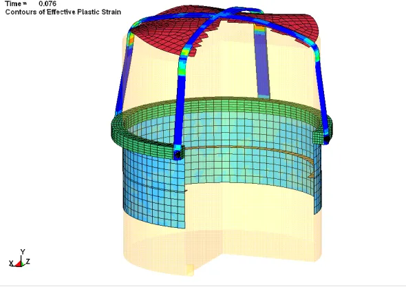 Figure 5. Deformed shape after impact – plastic strains at the clamps 