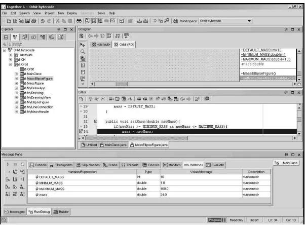 Fig. 7. The Togetherright pane shows a class diagram. The middle-right pane shows the program code