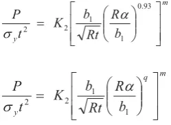 Fig. 4 shows some typical results for a welded saddle for a fixed value A/R = 1.0.  There is a slight scatter in the results due to the combined geometrical parameter involving b1/R and R/t