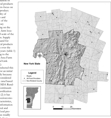 Figure 1. Location of Study Area Indicating the Location of Food Providers Within Each Town of Rutland County, Vermont 