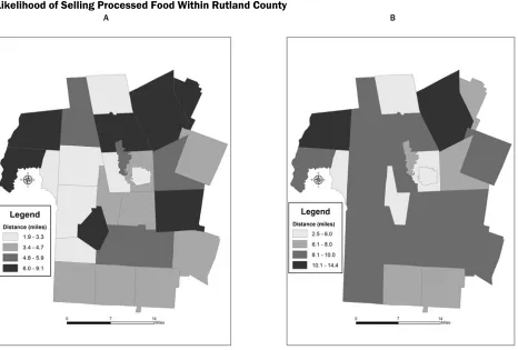 Figure 4. Maps Illustrating the Average (A) and Maximum (B) Distance to Food Providers with a Low Likelihood of Selling Processed Food Within Rutland County 
