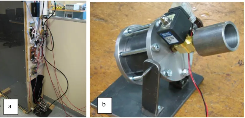 Figure 3: Annotated photographs of the (a) range and (b) canon used in the model firing range remote experiment  