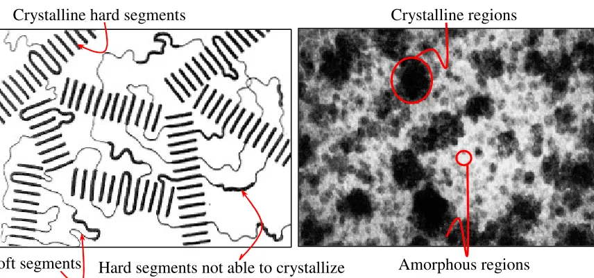 Figure 1:  Two-phase morphology in thermoplastic elastomers: crystalline (hard segments) and amorphous (soft segments) regions (a) schematic (b) TEM 