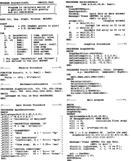 Figure 2.1: Source code for Pascal program modeling projectile motion(Redish & Wilson, 1993)