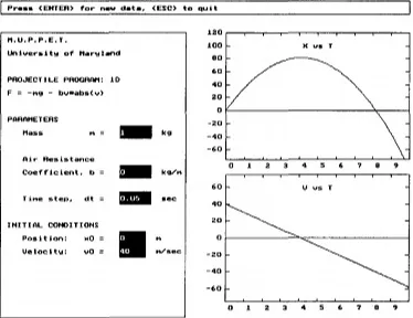 Figure 2.2: Input/Output screens from projectile motion program (Redish & Wilson, 1993)