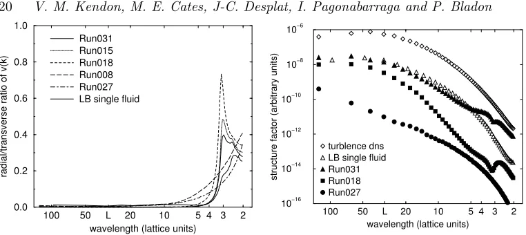 Figure 4. Left: ratio of the radial to transverse velocity components in Fourier space for variousruns