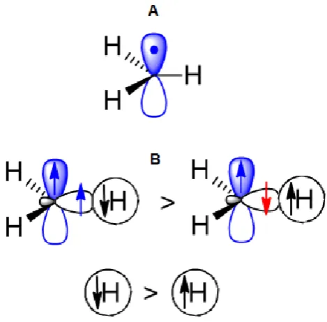 Figure II-8 (A) Structure of a methyl radical. (B) Two possible alignments of spin in methyl radical