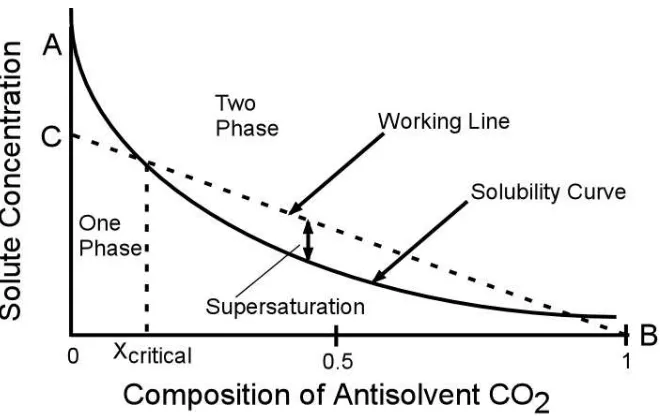 Figure 2.3:  Typical solubility diagram for a CO2 antisolvent process   
