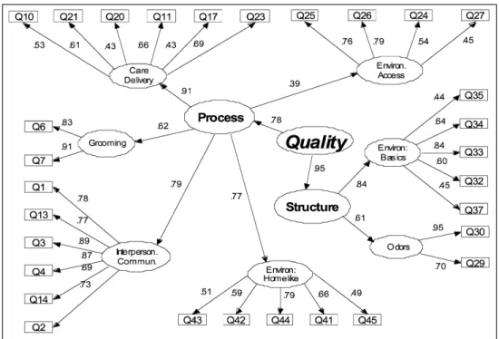 Figure 1. Hierarchical structure of OIQ constructs, with standardized loadings.