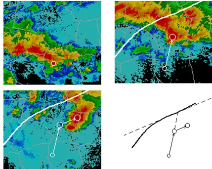 Figure 11.  Radar images showing how storm tracking was done.  The circles represent the areas of (bottom left)