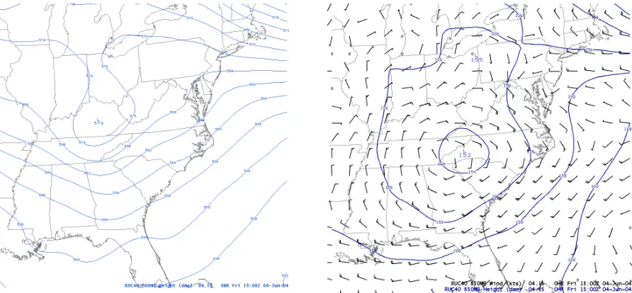 Figure 14.   Error schematic for boundary placement at 15Z on June 4, 2004.  The solid circles are locations of station plots, the solid lines are maximum placement deviations, and the dashed line is the boundary tangent line
