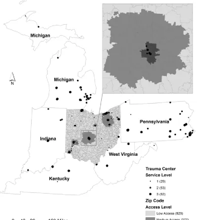 Fig. 3. Access to trauma centers in Ohio by zip code1