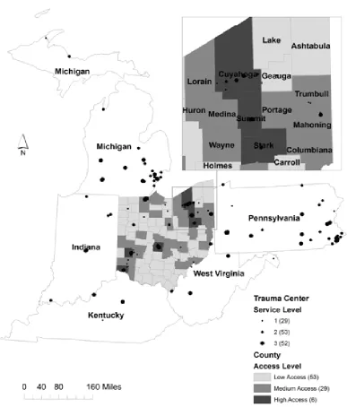 Fig. 4. Access to trauma centers in Ohio by county 