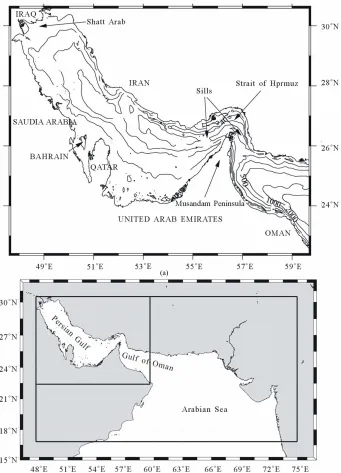 Figure 1. (a) Bathymetry and geography of the region of the Persian Gulf and of the Gulf of Oman
