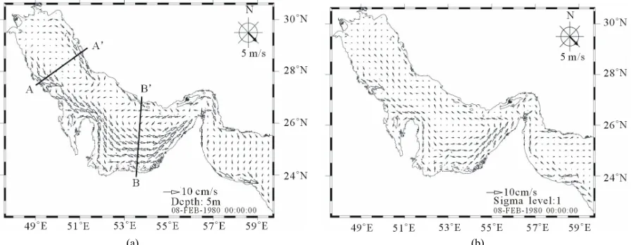 Figure 2. Maps of the surface currents (a) and of the bottom currents (b), after 8 days of simulation with northwesterly winds
