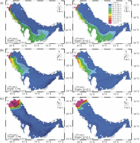 Figure 9. Salinity and flow field at the surface (left) and at the bottom (right) for northerly wind (a), northeasterly wind (b) and southeasterly wind (c)