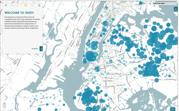 figure 2: Welcoming screen for dust exhibiting comparative visual display on a pan-enabled, zoomable map.