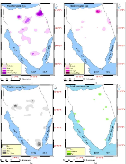 Figure 7. Relative abundance contour map of (a) N-S, (b) NNE-SSW, (c) NW-SE, (d) NNE-SSW, (e) NE-SW, (f) ENE-WSW, (g) WNW-ESE, and (h) E-W structural lineaments