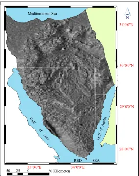 Figure 2. Shaded relief mosaics covering Sinai Peninsula, the square indicates a sample area of applying shaded relief with different sun azimuth values, shown in Figure 3