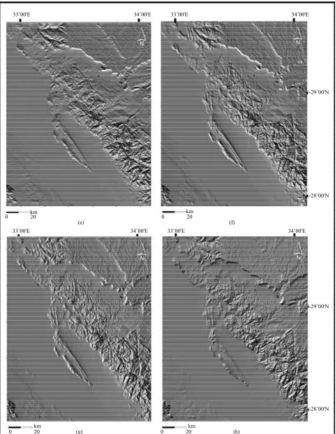 Figure 3. Applying shaded relief with different sun azimuth (0, 45, 90, 135, 180, 225, 270 and 315) denoted from (a) to (h), respectively