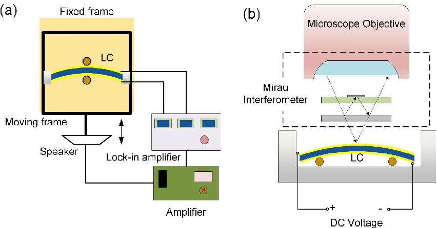 Figure 1.3 Schematic experimental setups for (a) direct [21] and (b) converse [23] flexoelectric effect measurement of LC