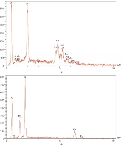 Figure 8. (a) Energy dispersive (EDS) pattern depicting the composition of the monazite as being Ce-La rich; (b) EDS of the silicate phase showing Si Mg and Fe dominant