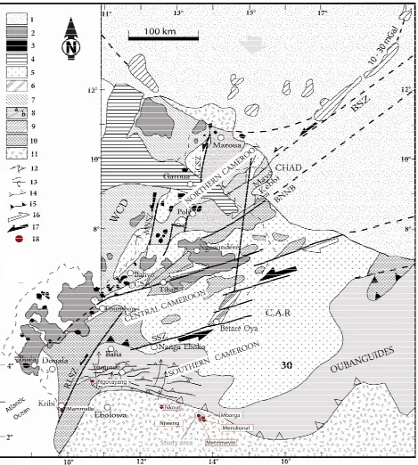 Figure 2. Pan-African structural map of Cameroon and location of the study area (modified from [25])