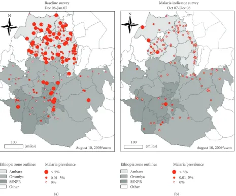 Figure 1: Map of Amhara, Oromia, and SNNP Regional States showing the baseline-2006 and MIS-2007 (subsample) survey clusters.