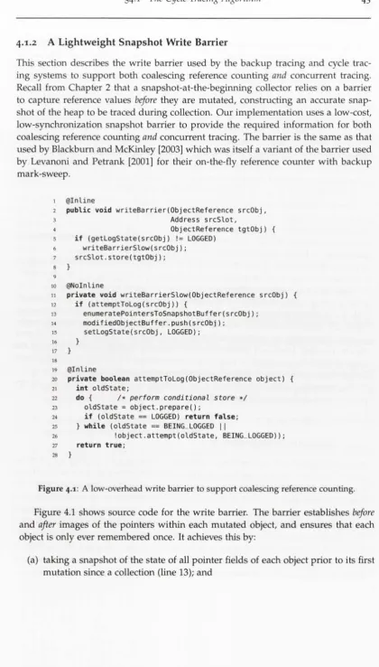 Figure 4.1: A low-overhead write barrier to support coalescing reference counting.
