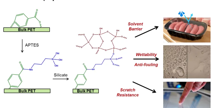 Figure 1.4 : Schematic of surface functionalization scheme of PET surfaces to improve solvent barrier properties, scratch resistance, tune wettability, and impart anti-fouling characteristics
