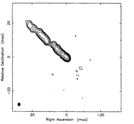Figure 5.1: VLBI image of Centaurus A at 8.4 GHz from 1992 Nov. 22. Map peak, 1.5 Jy/beam