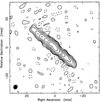 Figure 5.2: VLBI image of Centaurus A at 4.8 GHz from 1992 Nov. 25. Map peak, 0.7 Jy/beam