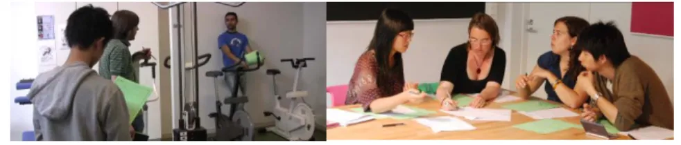 Fig. 2. Participants working in the gym setting (left) or in the office setting (right) in the group  brainstorming phase