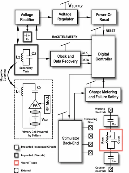 Fig. 2.1: Simplified Architecture of a contemporary wirelessly-powered Implantable Stimulator System