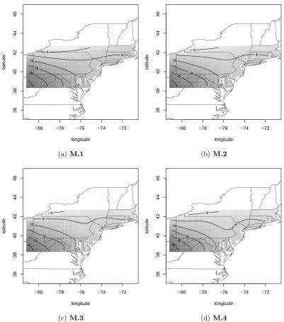 Figure 2.9: Kriging maps based on the ML estimates in Table 2.2 for each model.Note that the interpolation is performed at the regular grids on August 31, 2003.